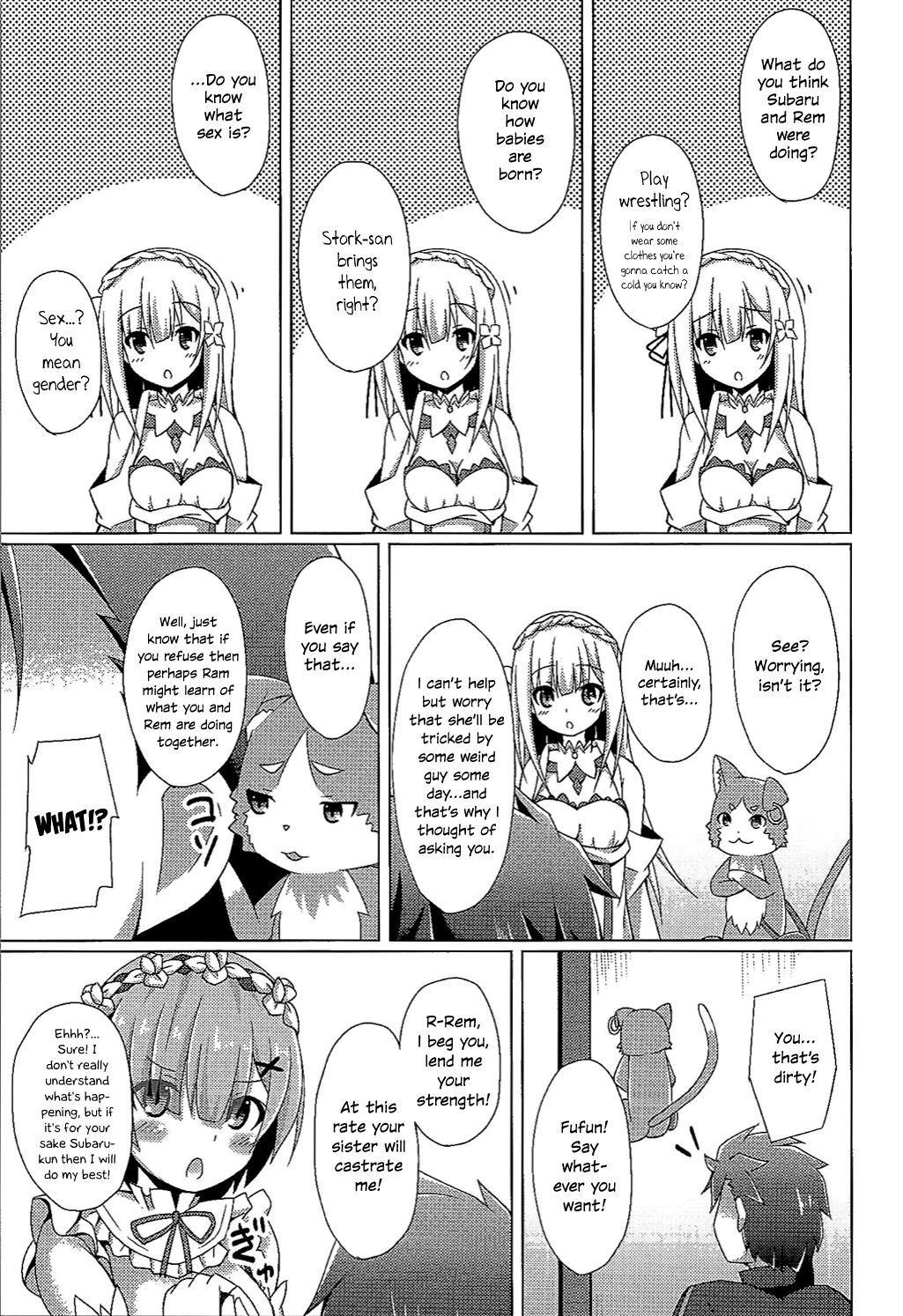 (C90) [Imitation Moon (Narumi Yuu)] Teach me, Rem-sensei! An introduction to sex with Emilia-tan | Oshiete Rem Sensei (Re:Zero kara Hajimeru Isekai Seikatsu) [English] [EHCOVE]