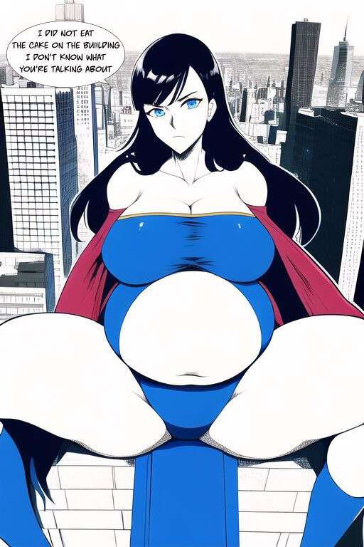 Expanding Heroine:Confronting the Virus Villain, Page 1 to 12,  [FINISH] ,[Creator: HirumaDiabe, DeviantArt/Patreon], Weight gain anime girl, bbw, ssbbw, stuffing belly, SuperHero who gain a lot of weights because of a food addiction.