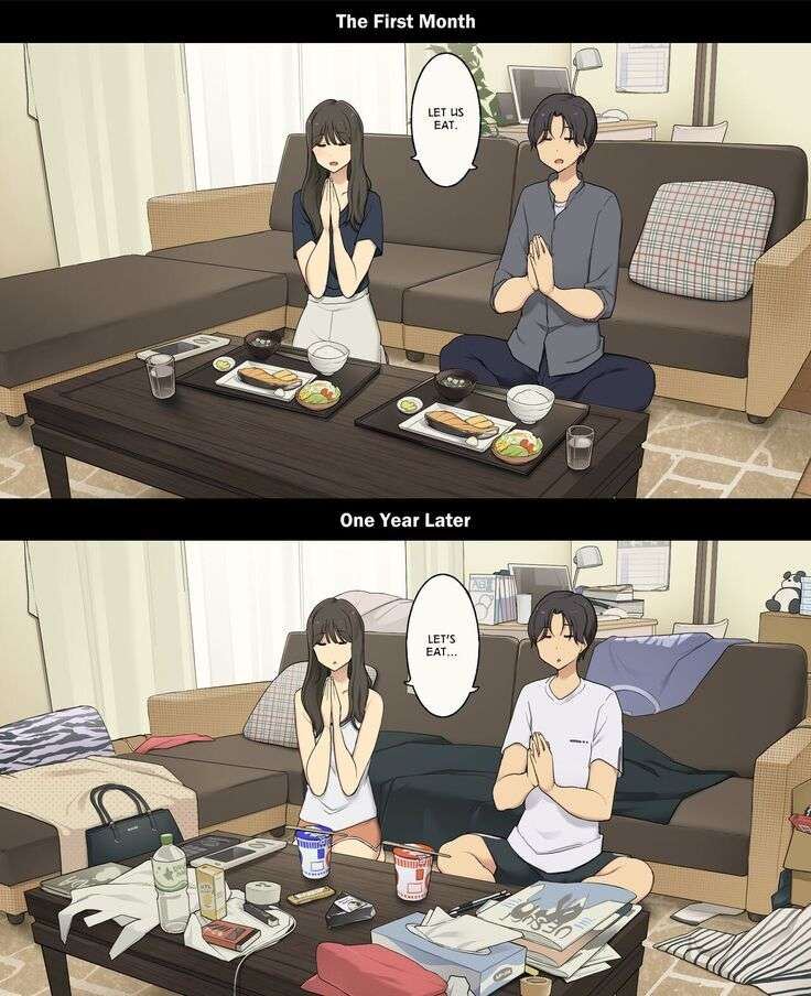 Dousei Seikatsu Ikkagetsume to Ichinen Ato, Asaokite kara Shuushin made no Hikaku | A Day in the Life of a Couple: Their First Month Living Together vs. One Year Later