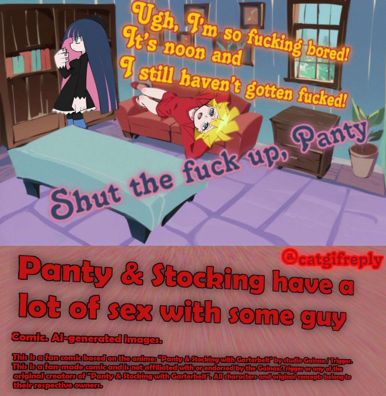 [AI generated] Panty & Stocking have sex with some guy (Black skin variant)